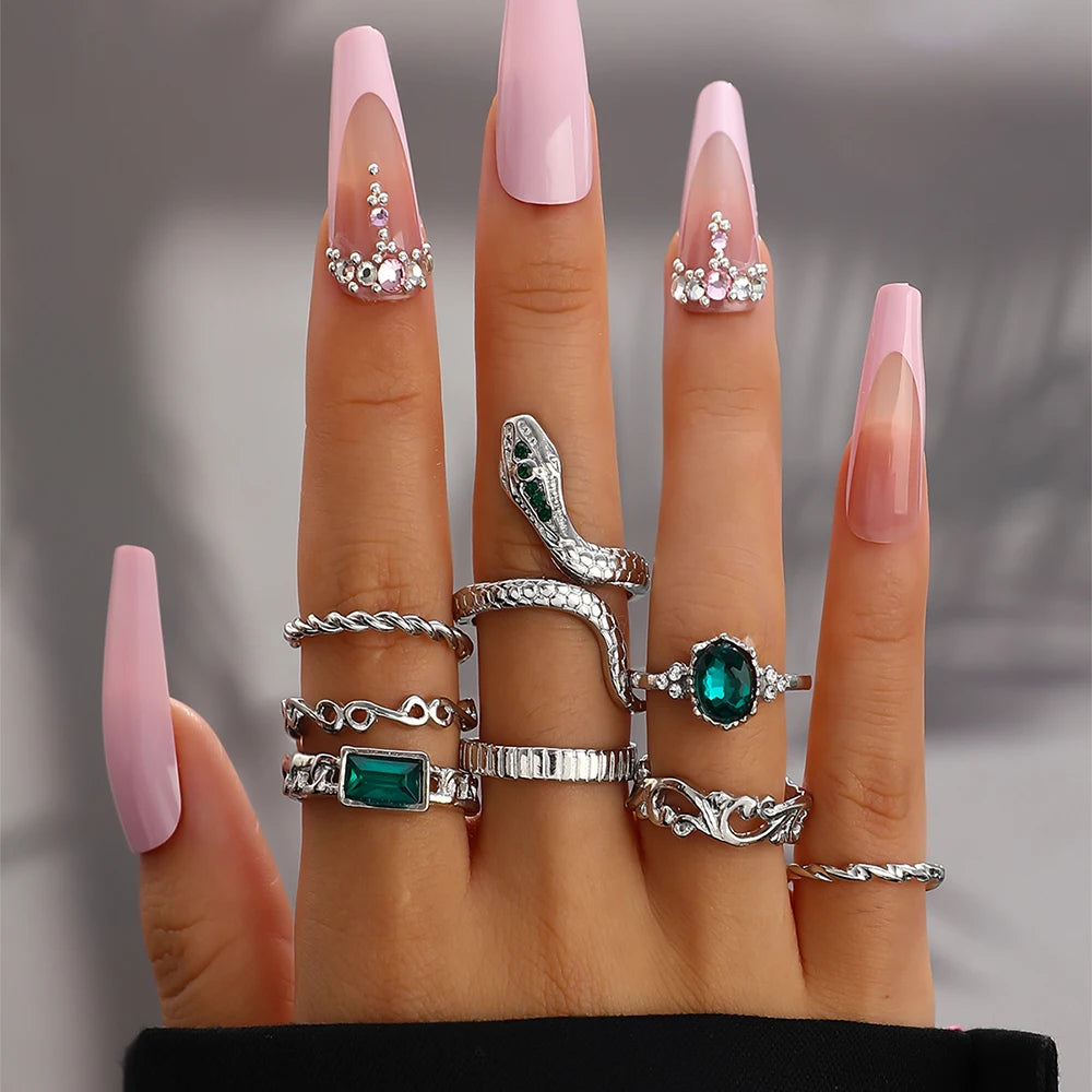 8-Piece Vintage Faux Gemstone Snake Ring Set