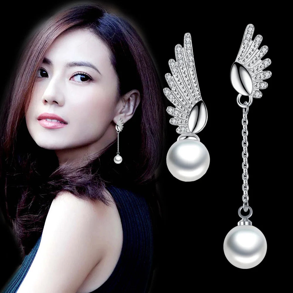 Sterling Silver Angel Wing Pearl Earrings