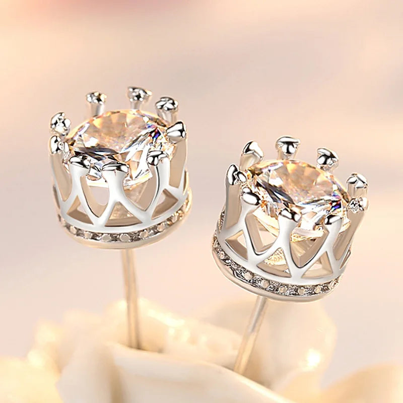 925 Sterling Silver Crystal Crown Stud Earrings