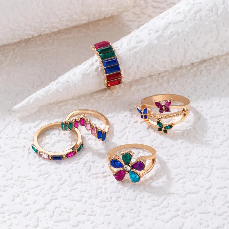 Bohemian Colorful Rhinestone Butterfly & Flower Ring Set