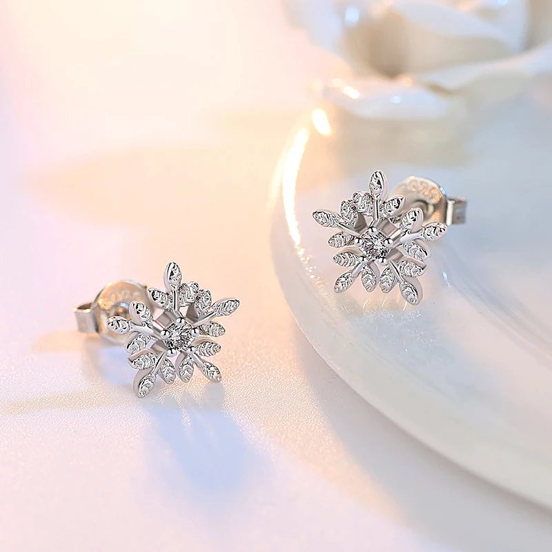 925 Sterling Silver Crystal Snowflake Stud Earrings