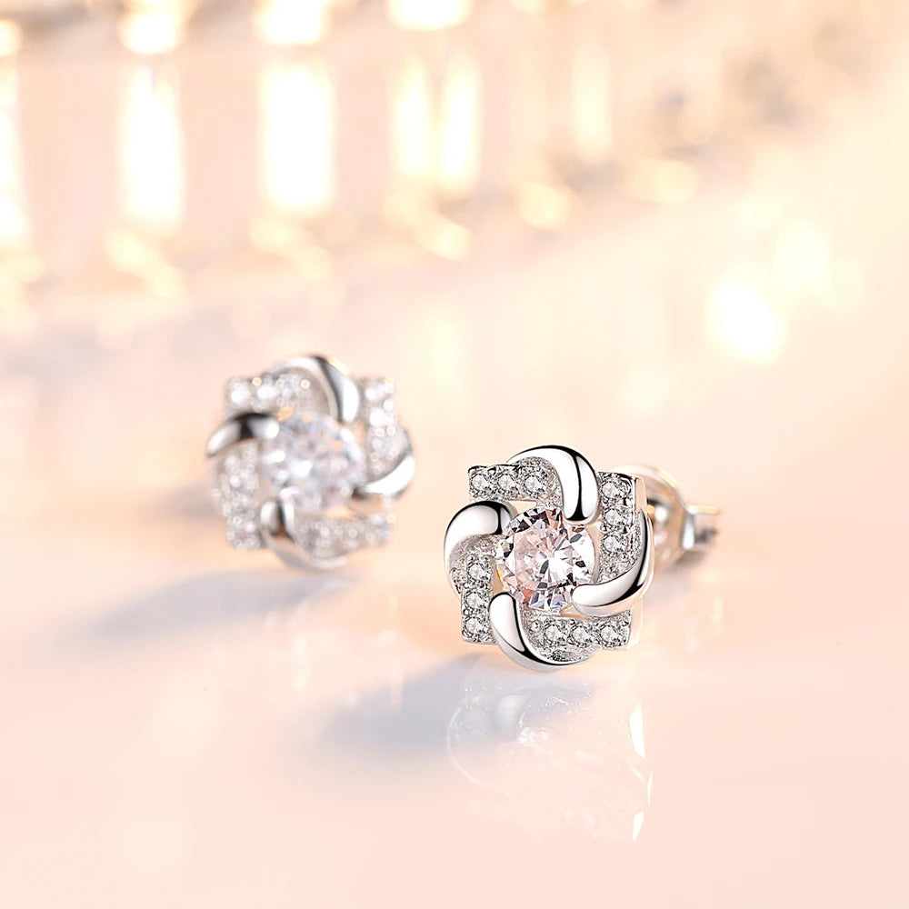 925 Sterling Silver Crystal Zircon Flower Stud Earrings