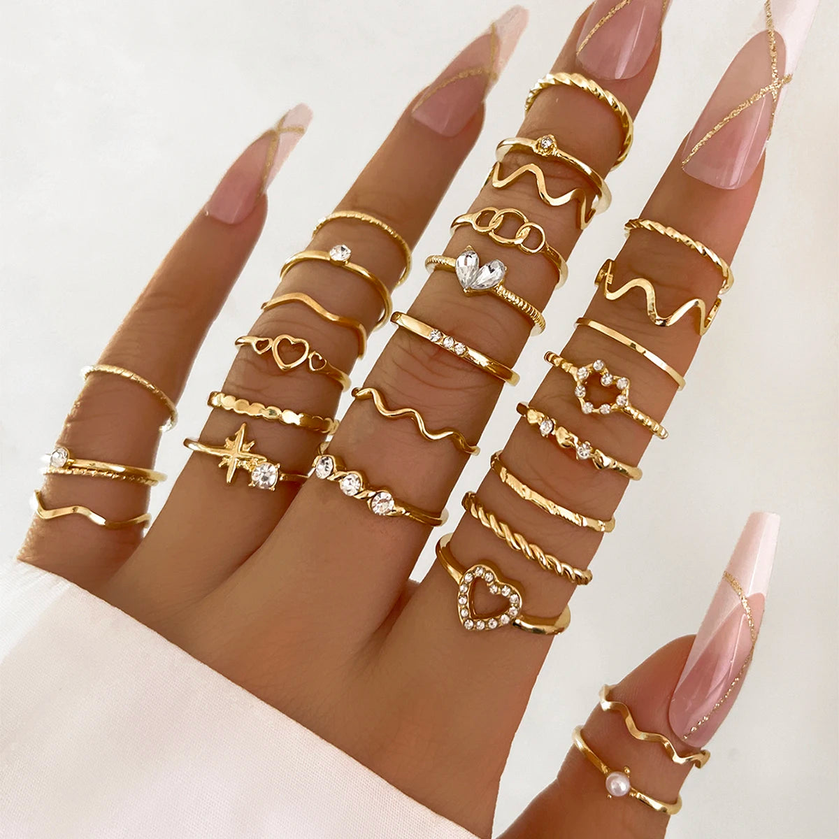 28-Piece Heart & Star Geometric Ring Set