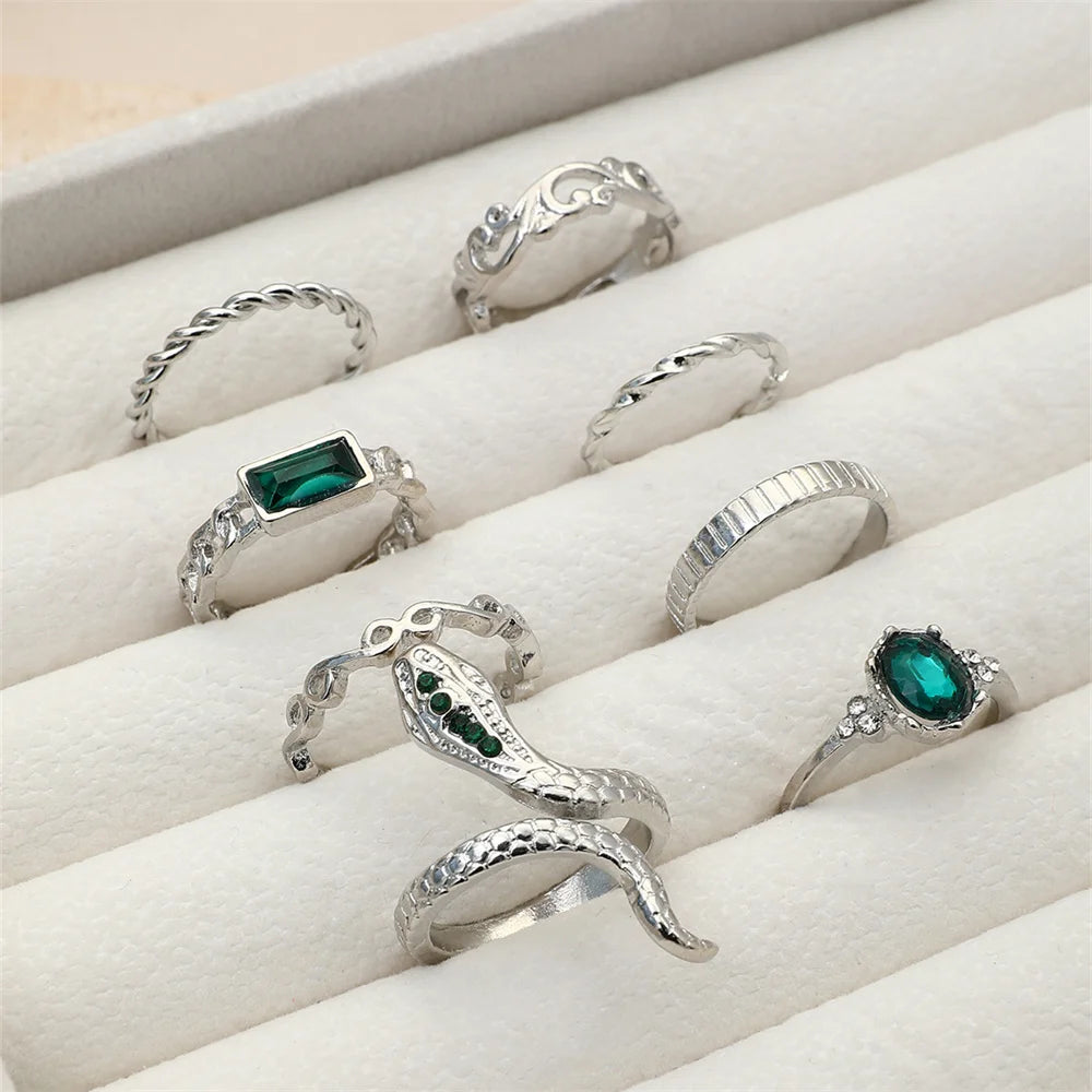 8-Piece Vintage Faux Gemstone Snake Ring Set