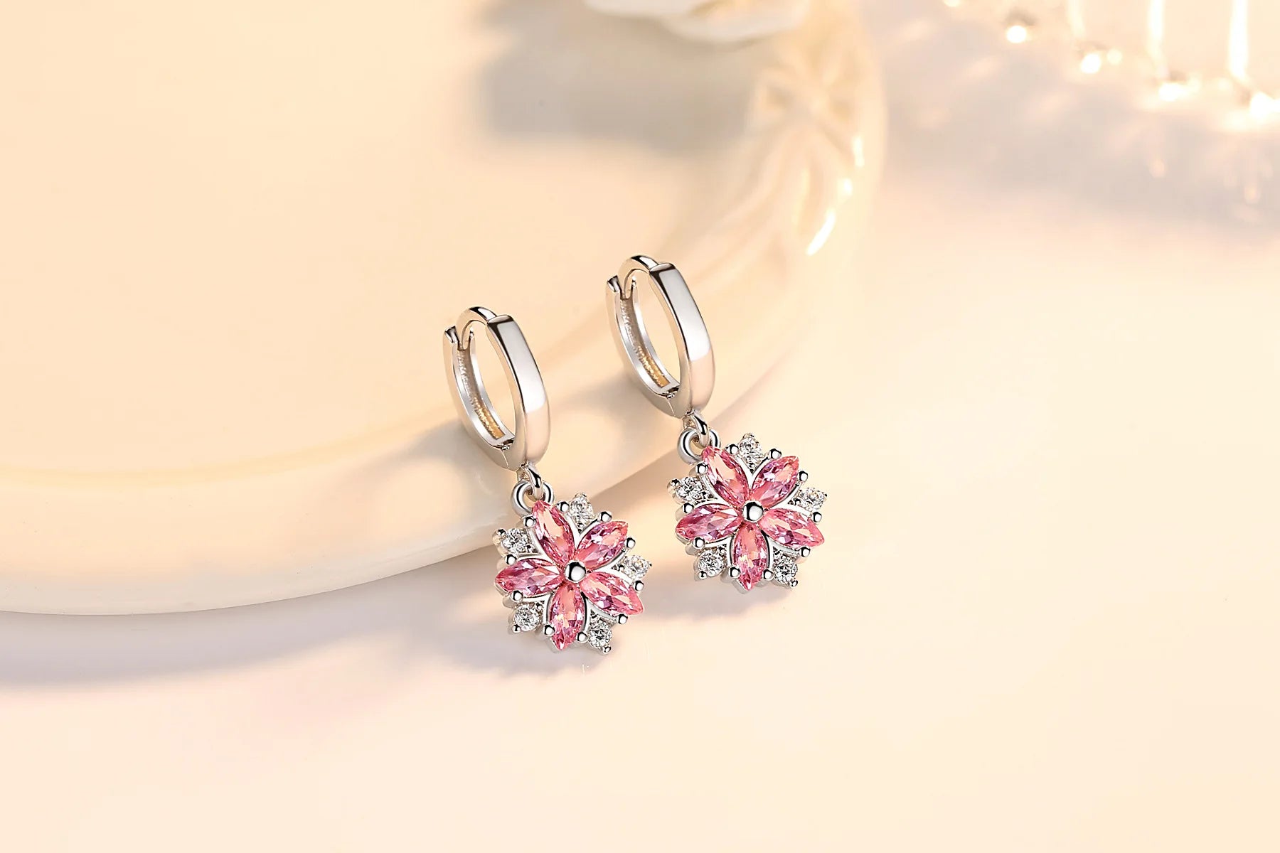 Sterling Silver Crystal Flower Drop Earrings