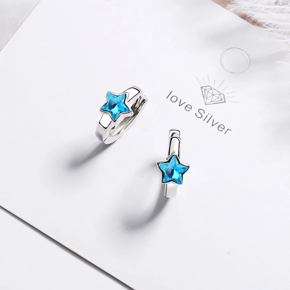 925 Sterling Silver Blue Crystal Star Hoop Earrings