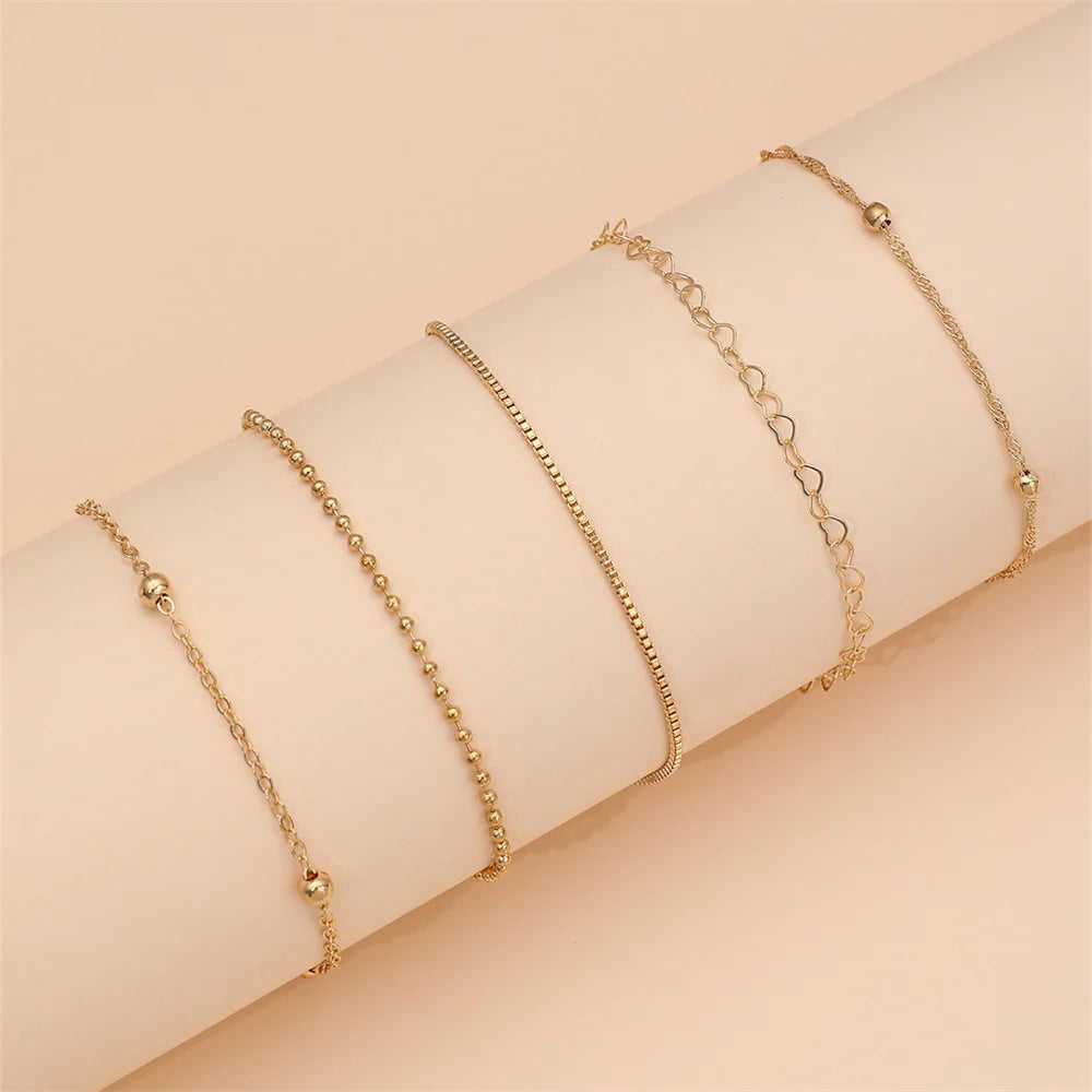 5-Piece Elegant Thin Chain & Beaded Bracelet Set