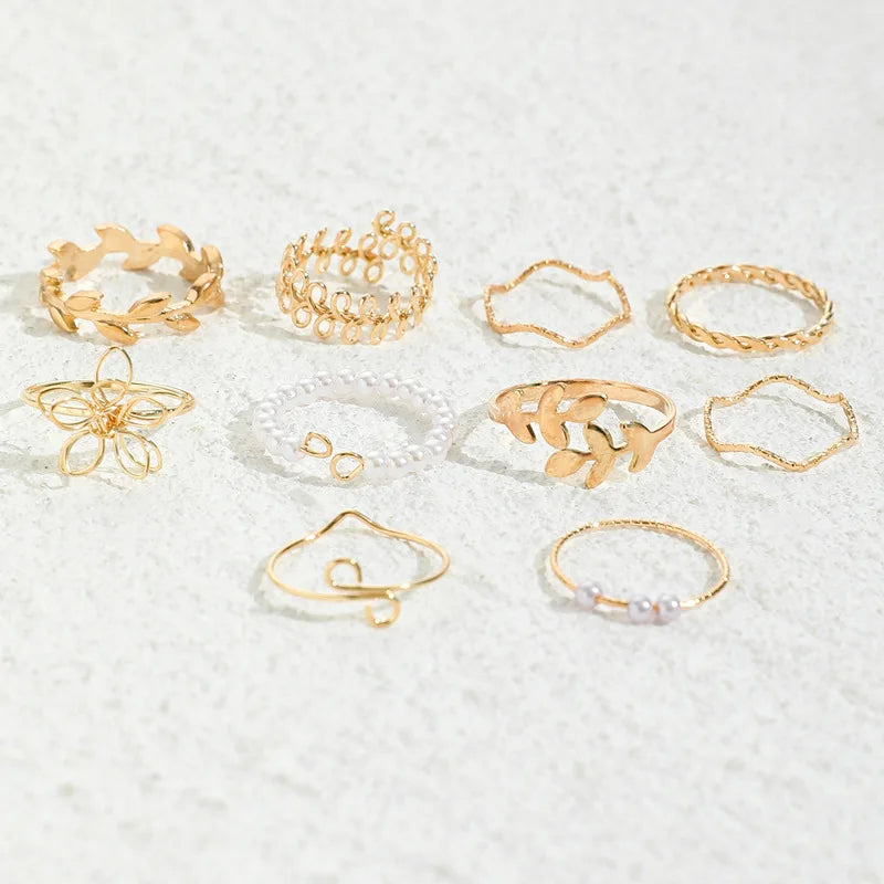 Boho Hollow Flower Knuckle Rings Set with Imitation Pearls