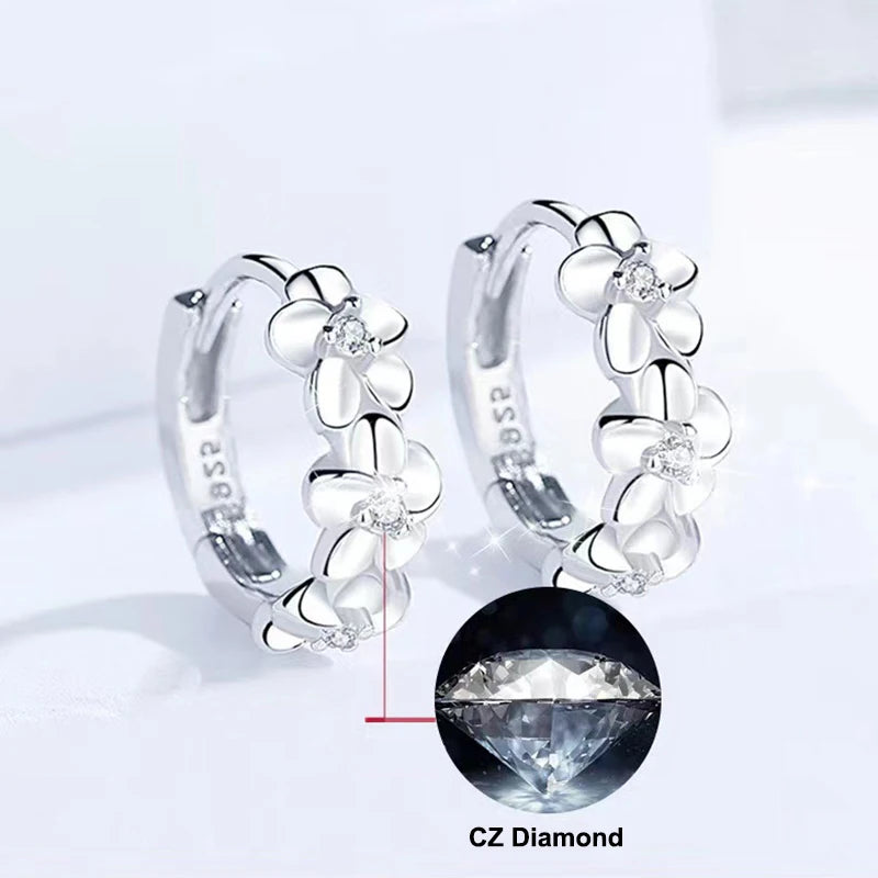 925 Sterling Silver Crystal Flower Hoop Earrings