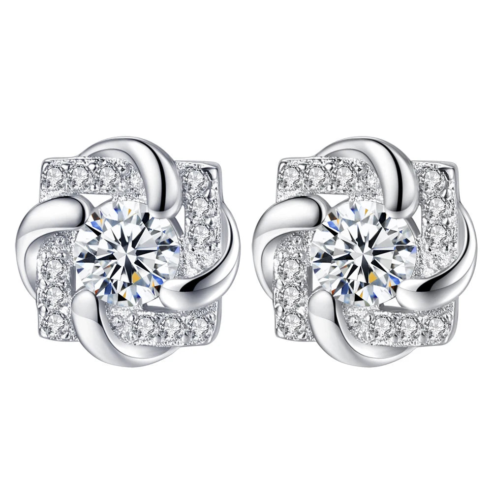 925 Sterling Silver Crystal Zircon Flower Stud Earrings