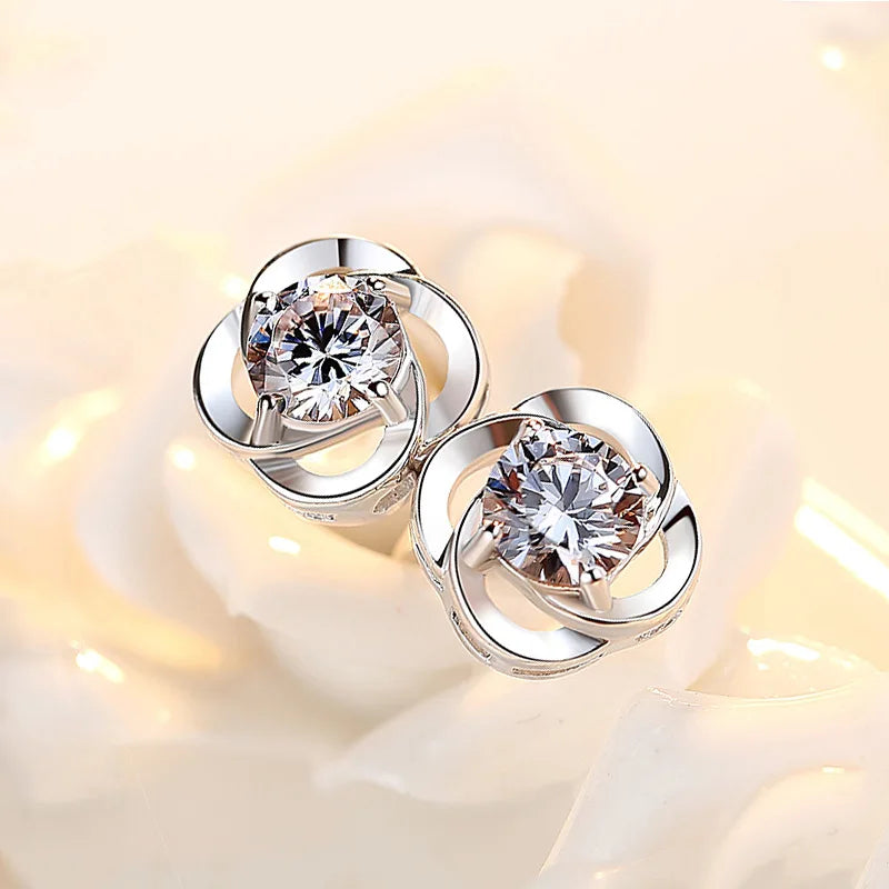 925 Silver Crystal Flower Stud Earrings