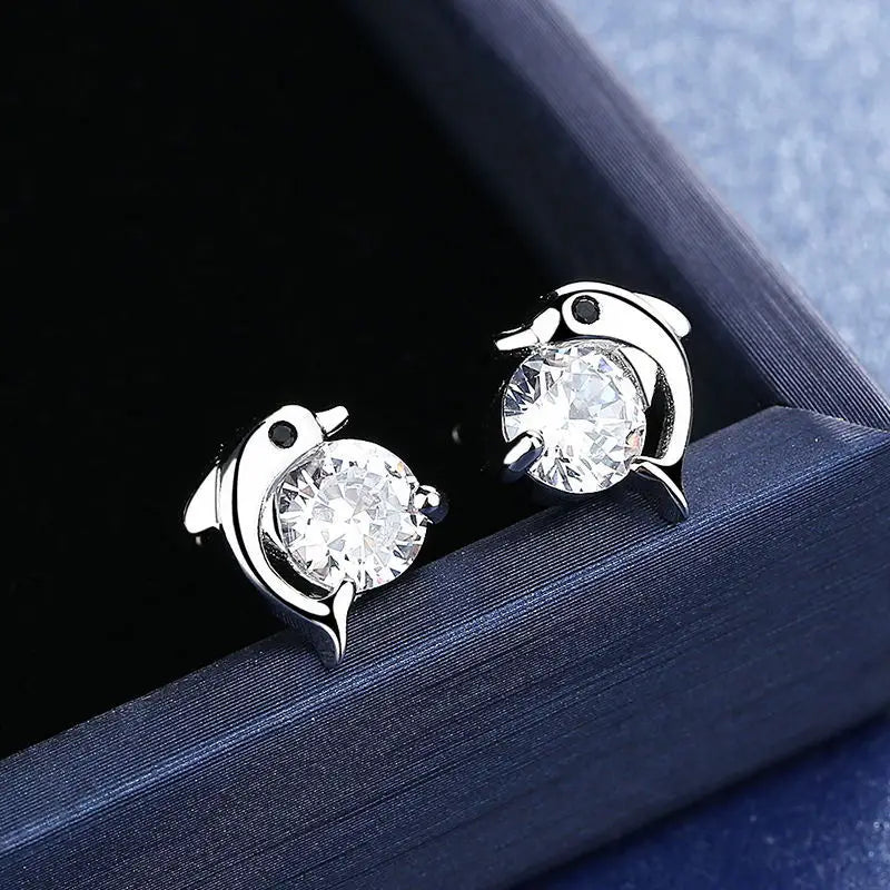 925 Sterling Silver Dolphin Crystal Stud Earrings