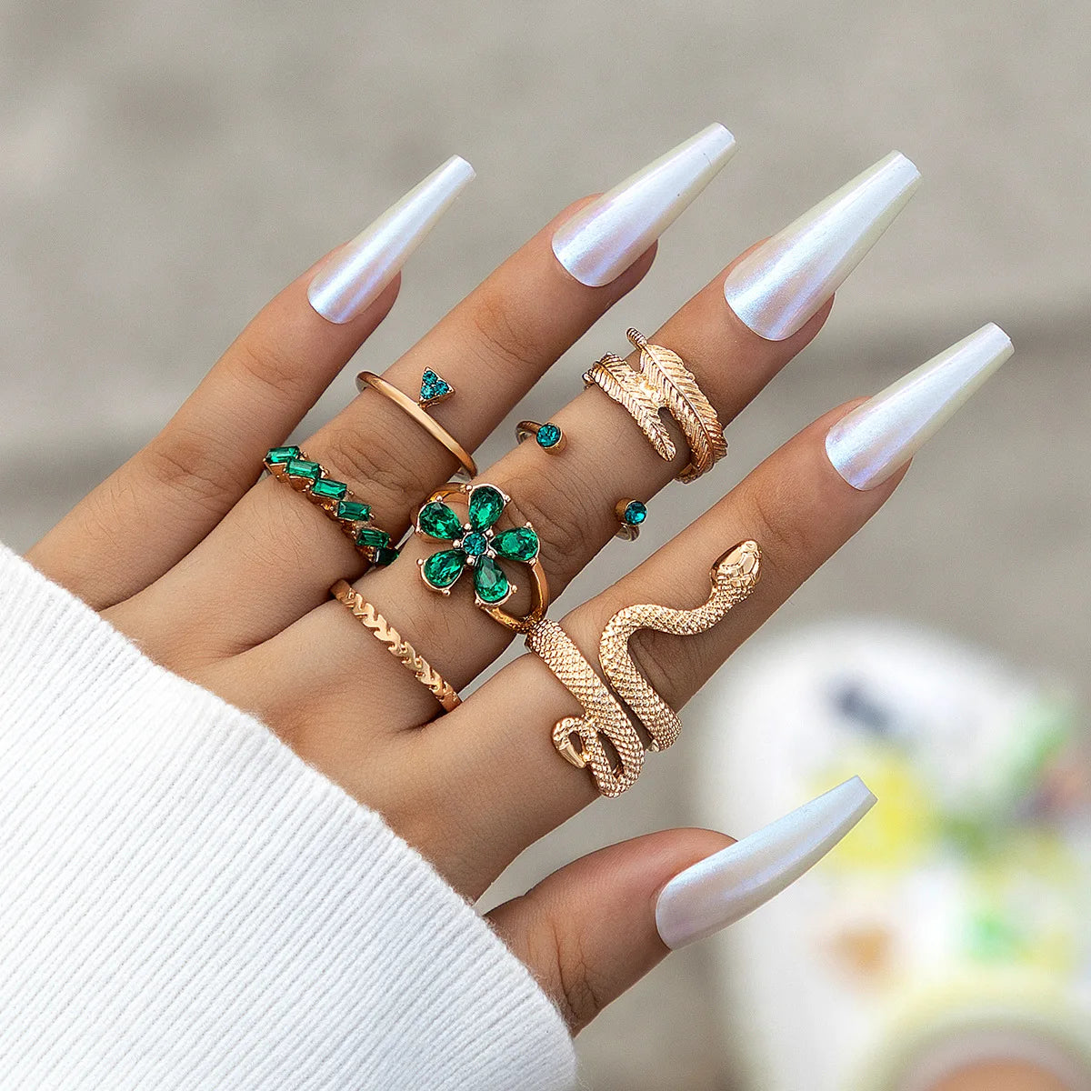 Geometric Snake & Leaf Green Crystal Knuckle Ring Set