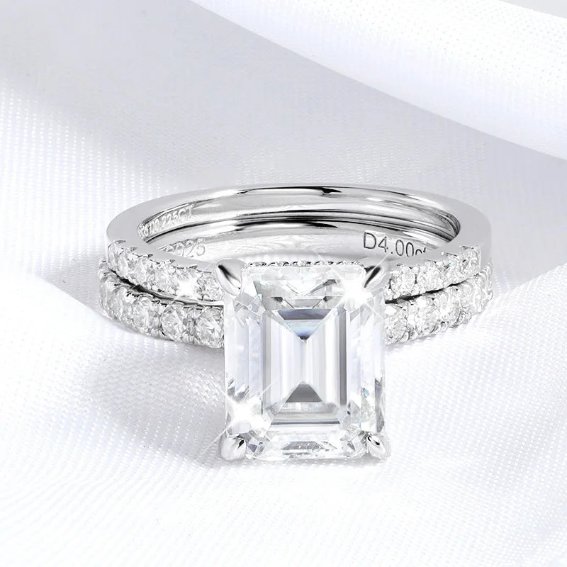 4.8CT Emerald/Radiant Cut Moissanite Engagement Ring Set