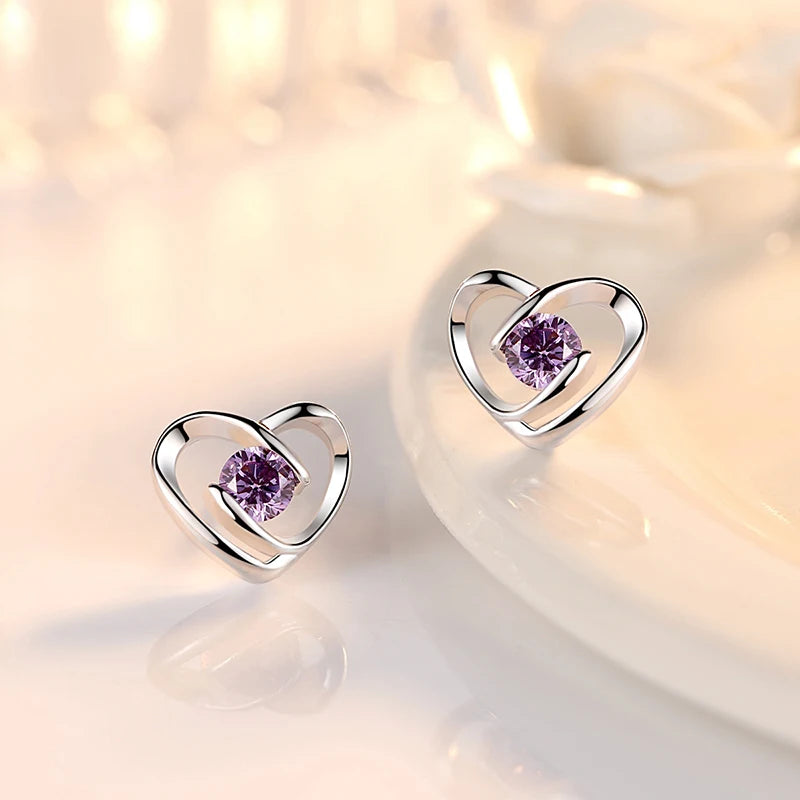 Sterling Silver Heart Crystal Stud Earrings