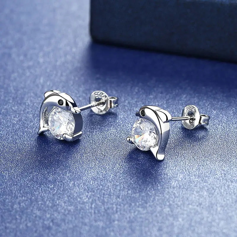 925 Sterling Silver Dolphin Crystal Stud Earrings