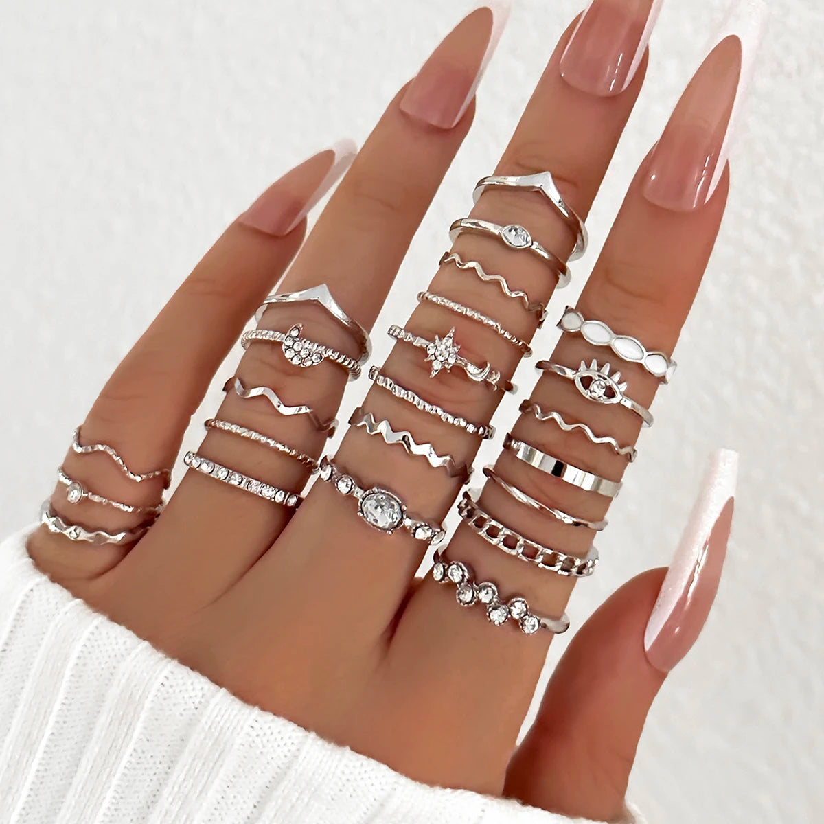 23-Piece Luxe Faux Pearl & Star Moon Ring Set