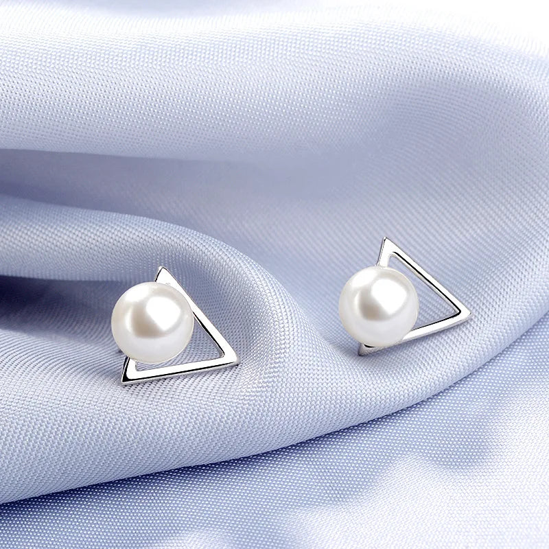 925 Sterling Silver Triangle Pearl Stud Earrings