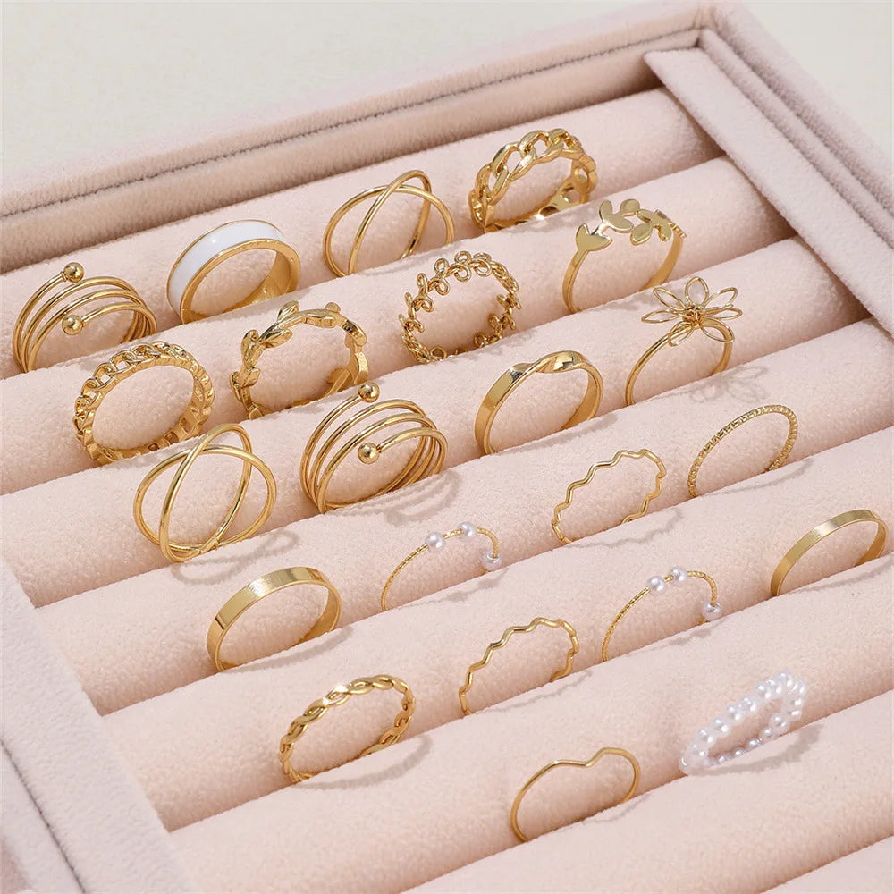 Boho Geometric Knuckle Rings Set with Imitation Pearls