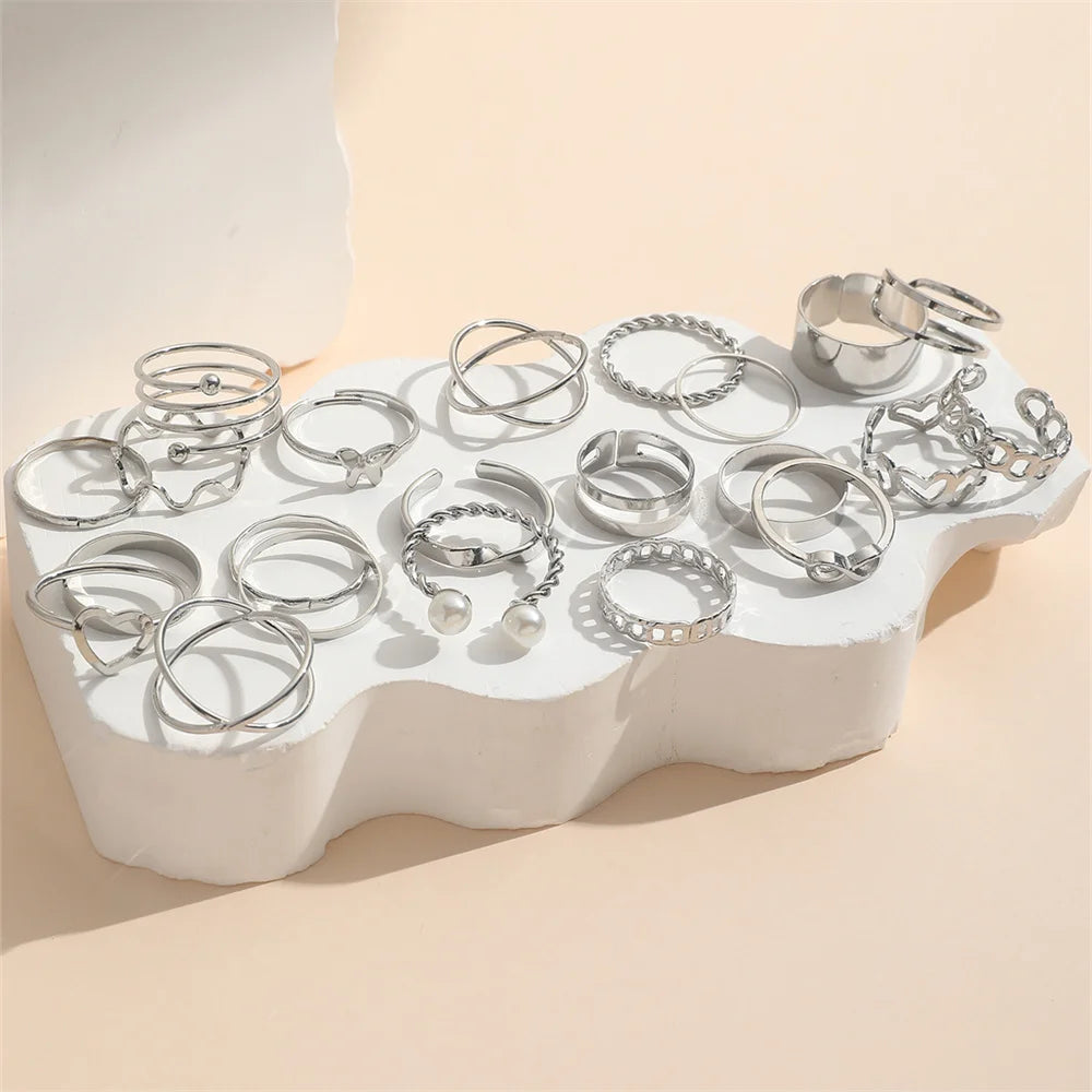 22-Piece Vintage Pearl & Geometric Ring Set