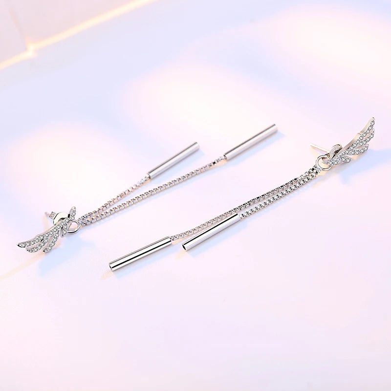 925 Sterling Silver Long Crystal Wing Earrings