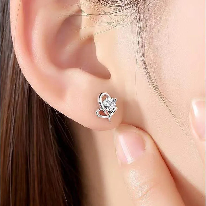 925 Sterling Silver Crystal Heart Stud Earrings