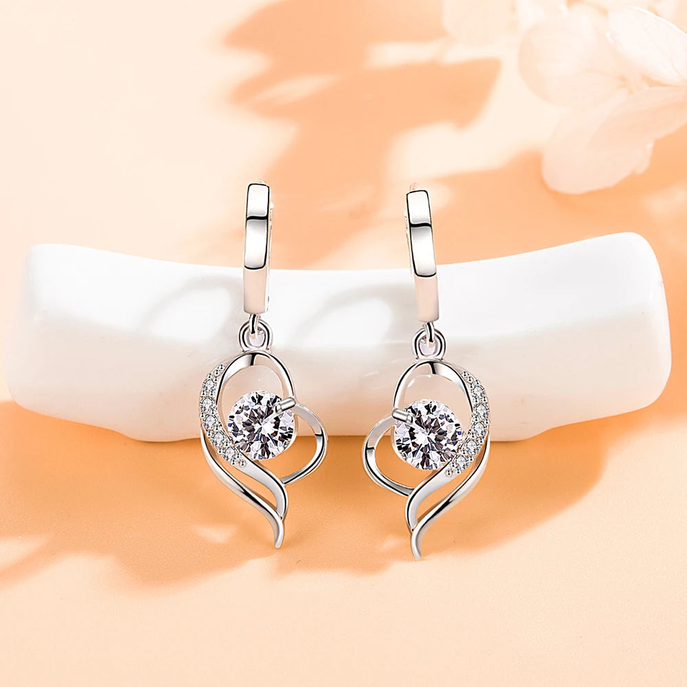 925 Silver Heart-Shaped Crystal Drop Earrings