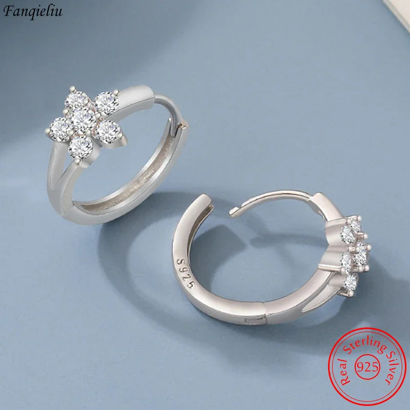 925 Sterling Silver Crystal Flower Hoop Earrings