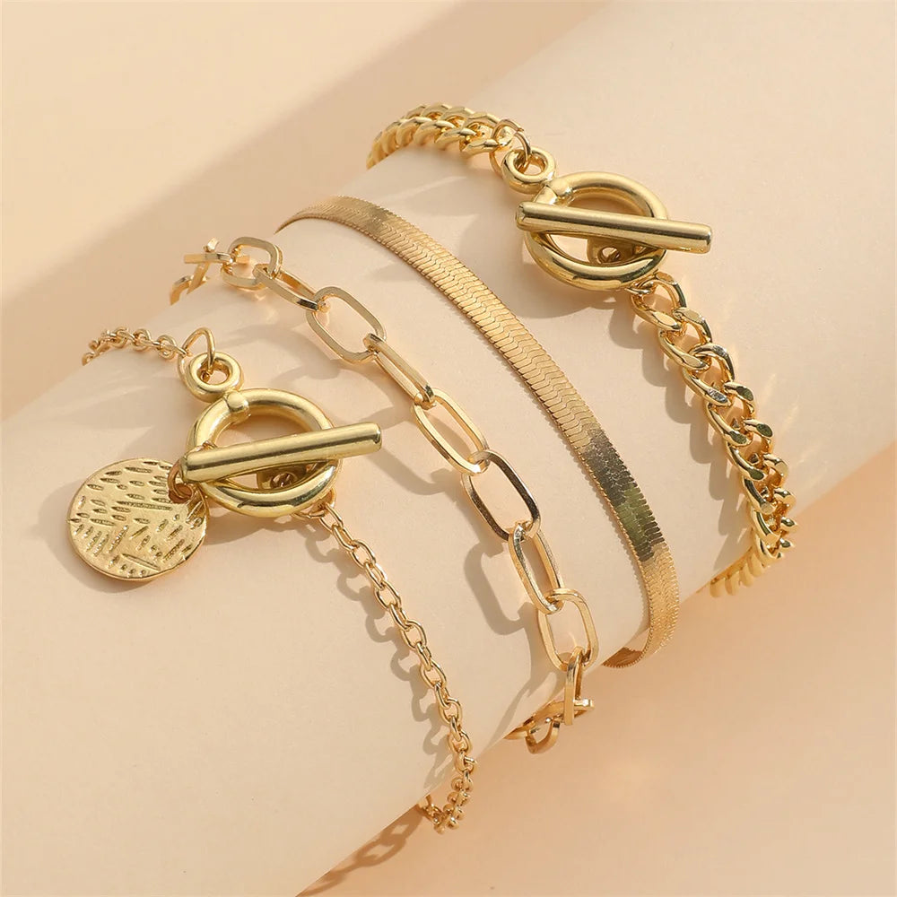 4-Piece Luxe Snake Chain & OT Buckle Bracelet Set