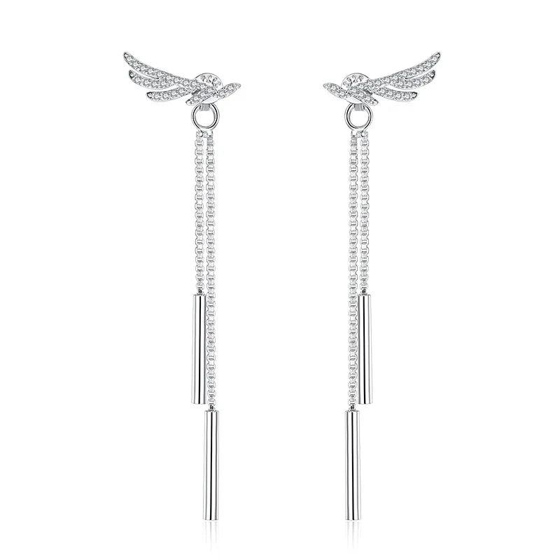 925 Sterling Silver Long Crystal Wing Earrings