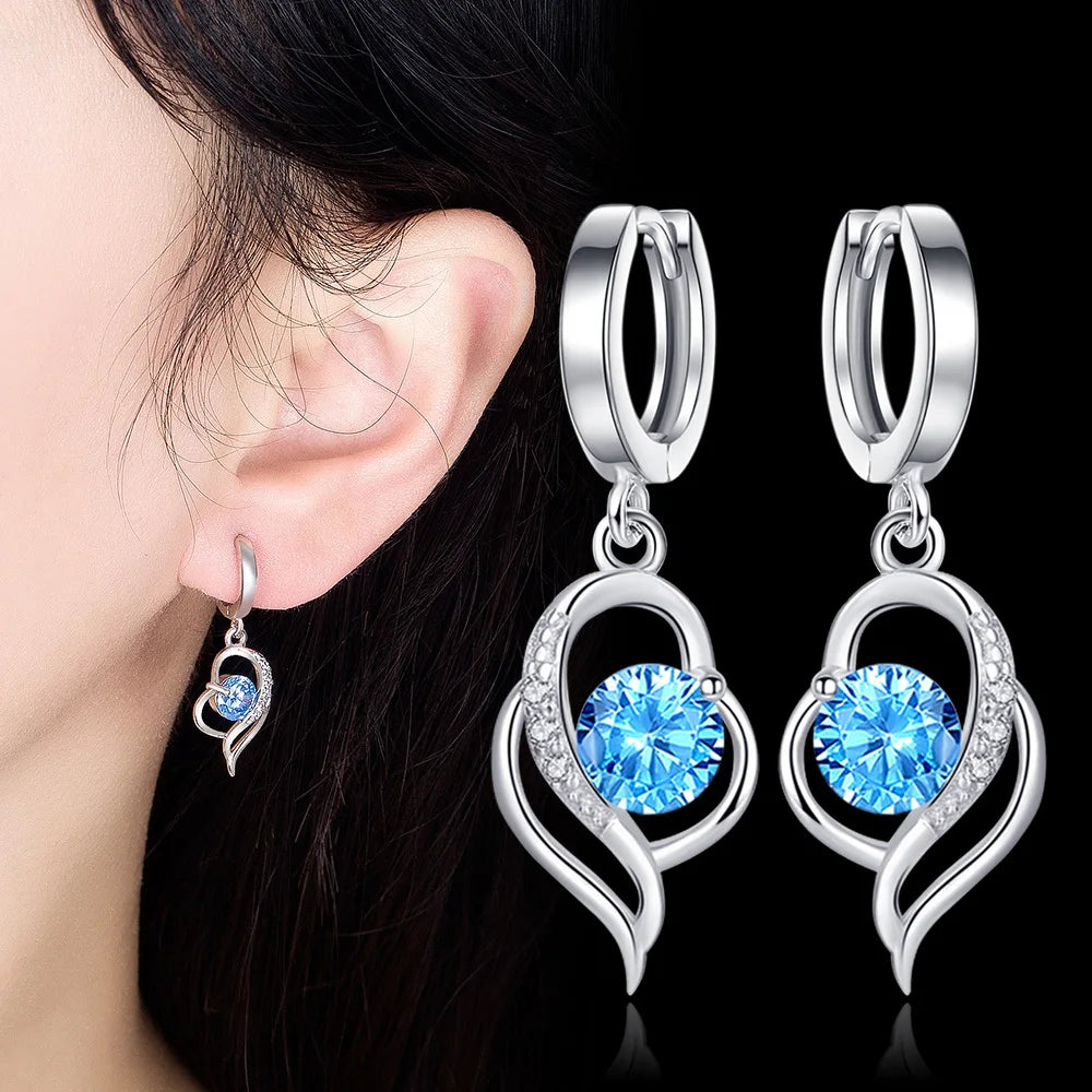 925 Silver Heart-Shaped Crystal Drop Earrings