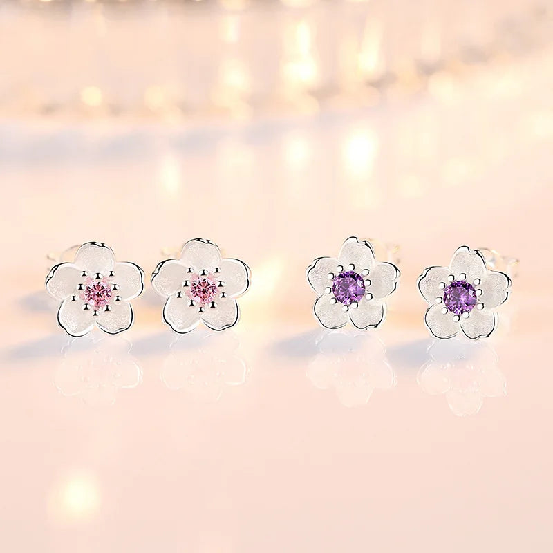 Solid 925 Sterling Silver Crystal Flower Stud Earrings