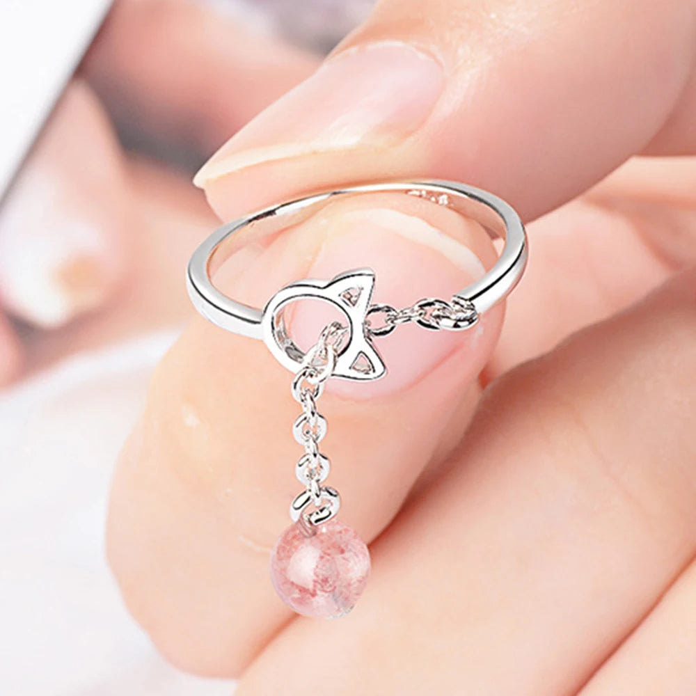 925 Silver Adjustable Cat Crystal Beaded Ring