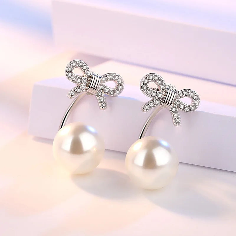 925 Sterling Silver Bow Pearl Stud Earrings