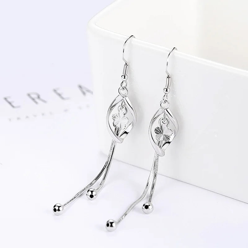 Sterling Silver Long Hollow Leaf Earrings