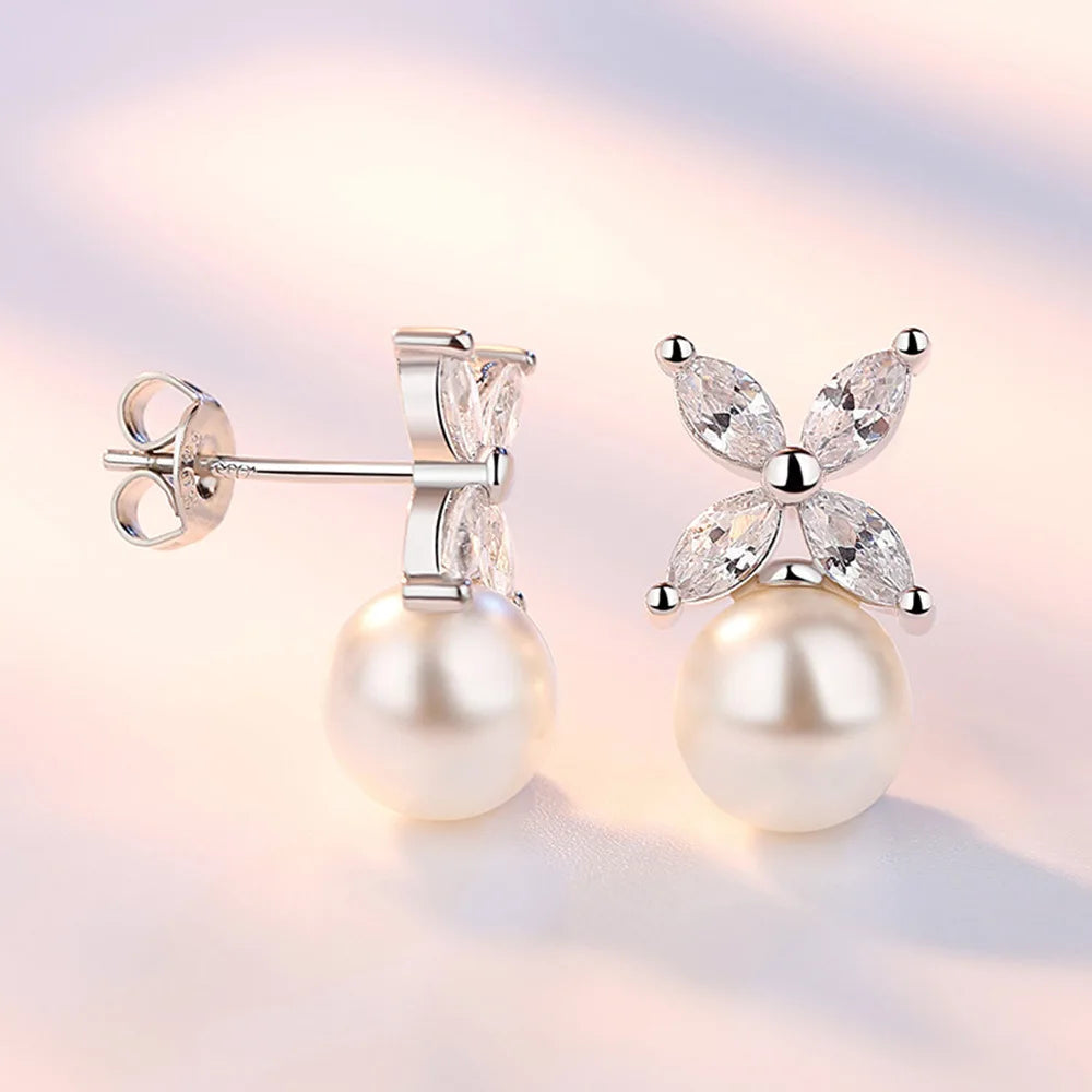 925 Sterling Silver Cross Pearl Stud Earrings