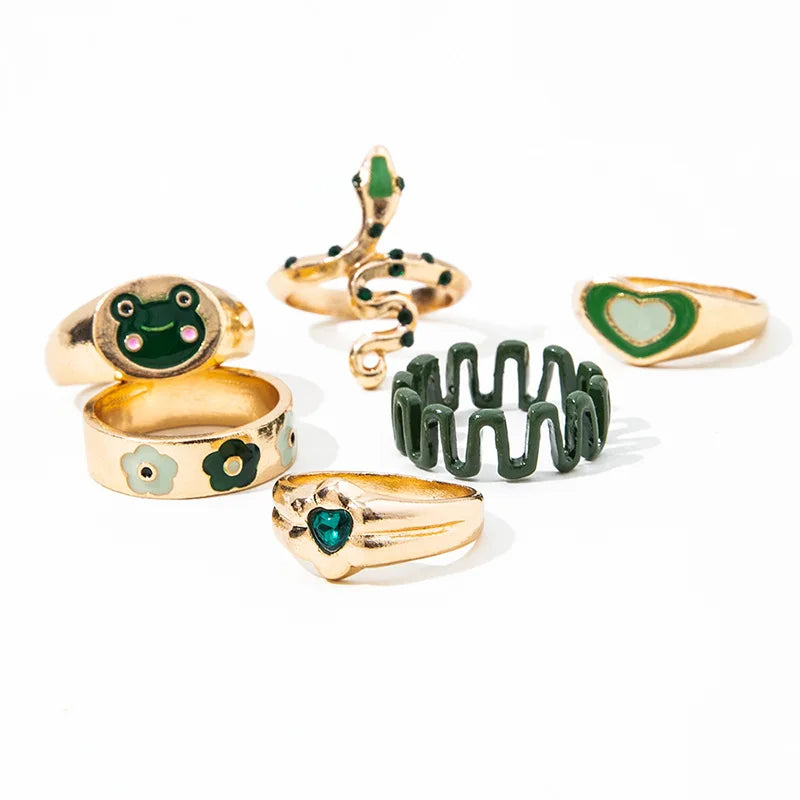 Bohemian Green Enamel Snake & Heart Ring Set