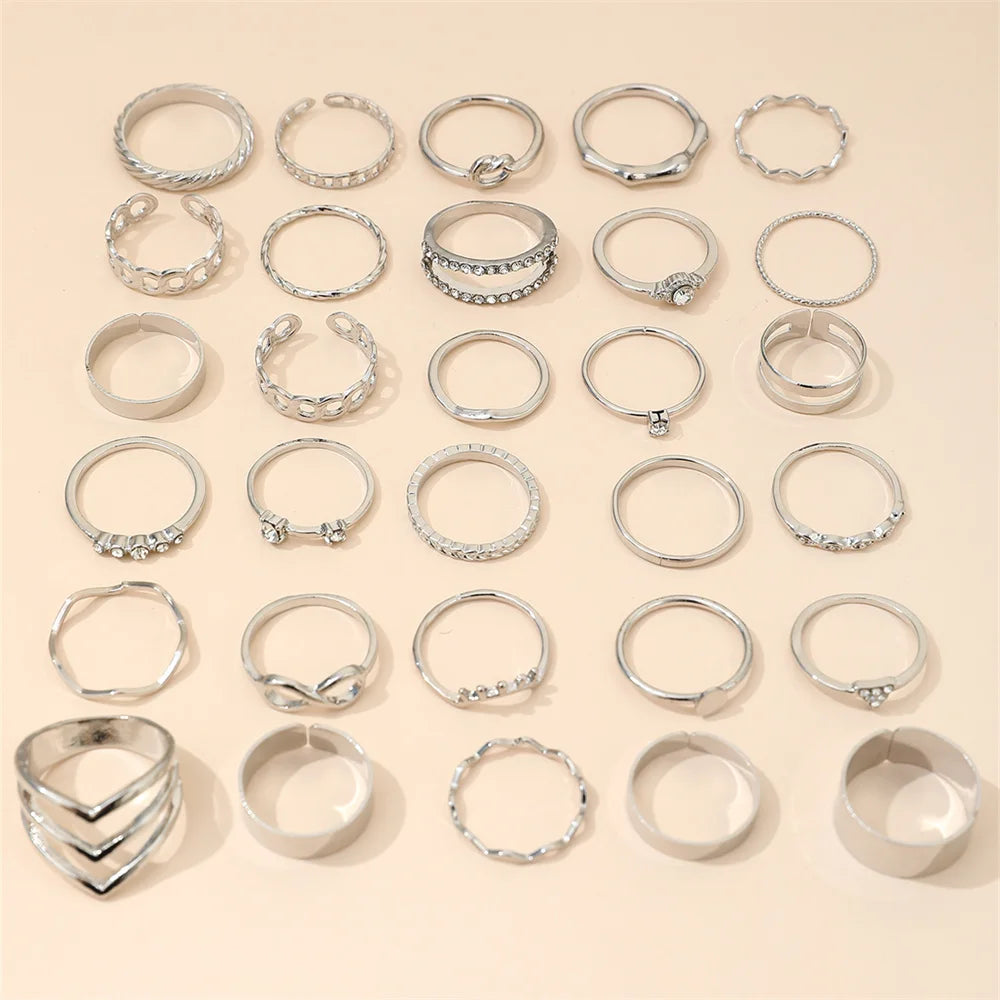 30-Piece Rhinestone Geometric Ring Set