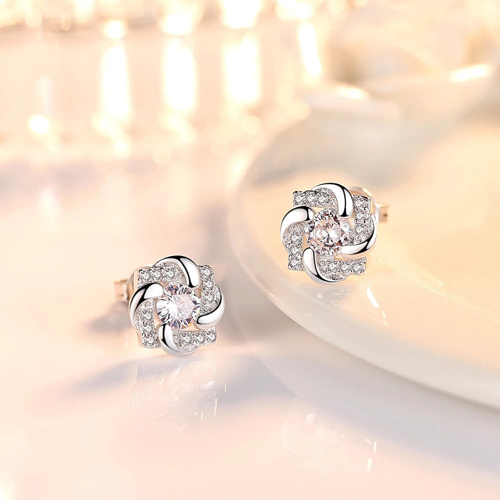 925 Sterling Silver Crystal Zircon Flower Stud Earrings