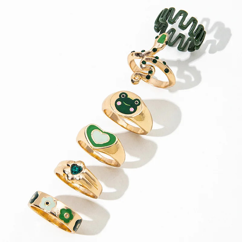 Bohemian Green Enamel Snake & Heart Ring Set