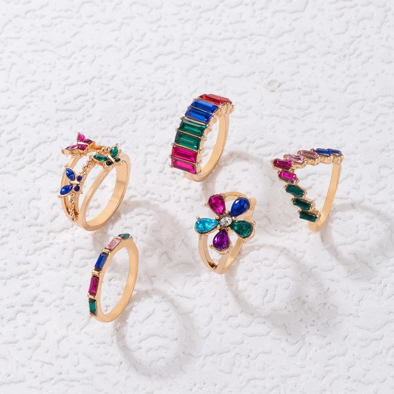 Bohemian Colorful Rhinestone Butterfly & Flower Ring Set