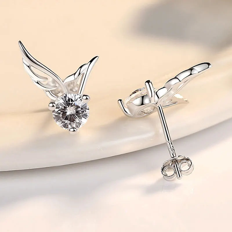 S925 Sterling Silver Crystal Angel Wing Earrings