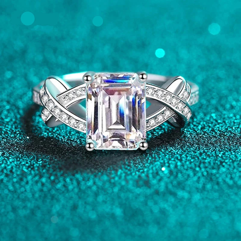 3CT Moissanite Emerald Cut Ring White Gold Plated