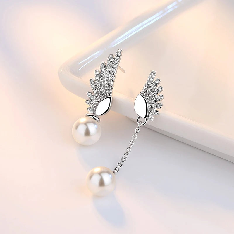 Sterling Silver Angel Wing Pearl Earrings