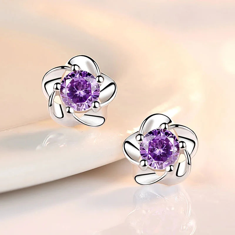 925 Sterling Silver Crystal Flower Stud Earrings