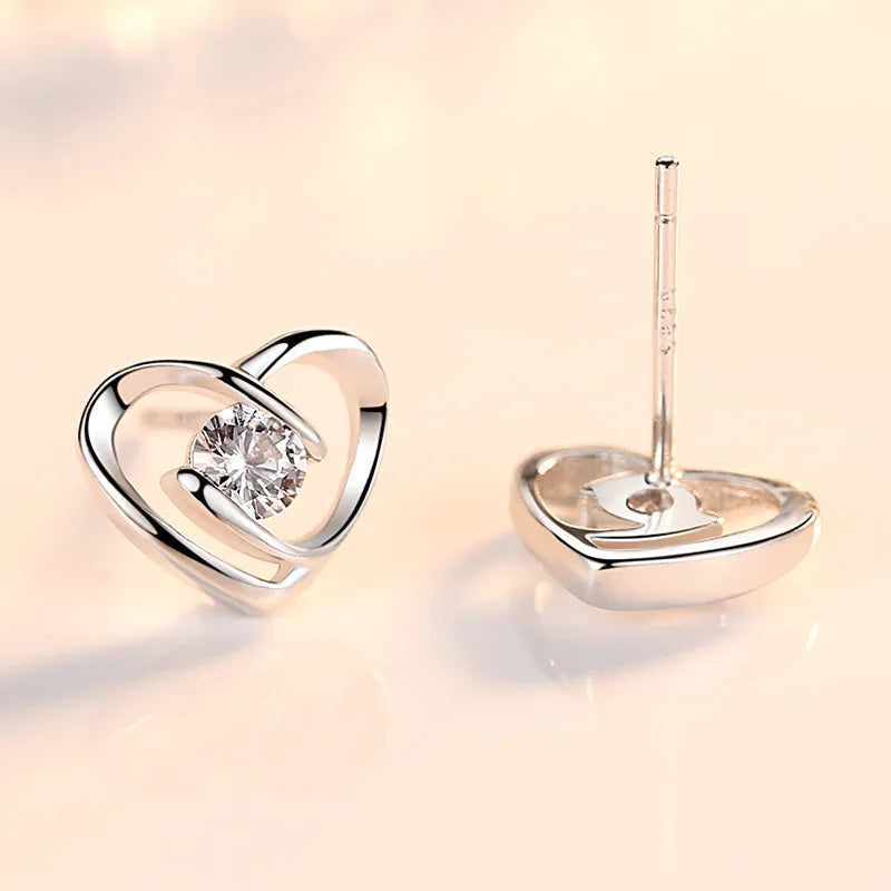 Sterling Silver Heart Crystal Stud Earrings