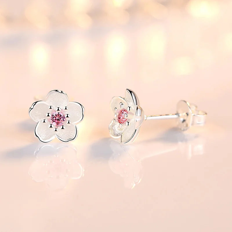 Solid 925 Sterling Silver Crystal Flower Stud Earrings