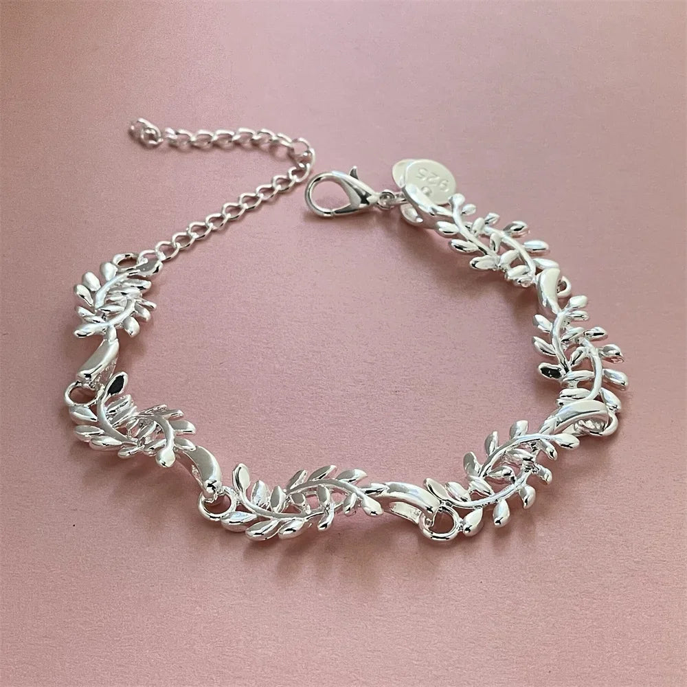 925 Sterling Silver Leaf Feather Bracelet