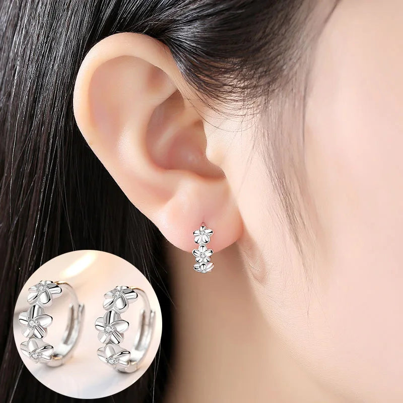 925 Sterling Silver Crystal Flower Hoop Earrings