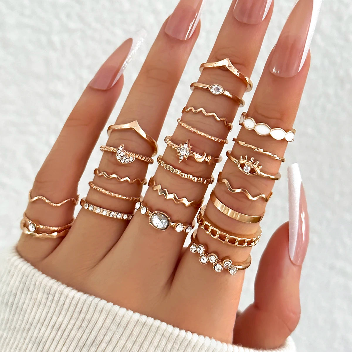 23-Piece Luxe Faux Pearl & Star Moon Ring Set